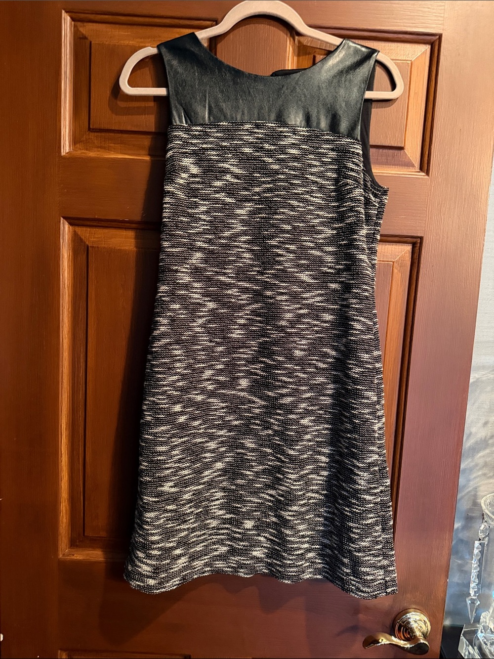 Cynthia Rowley Black & White Textured Midi Dress with Faux Leather Yoke